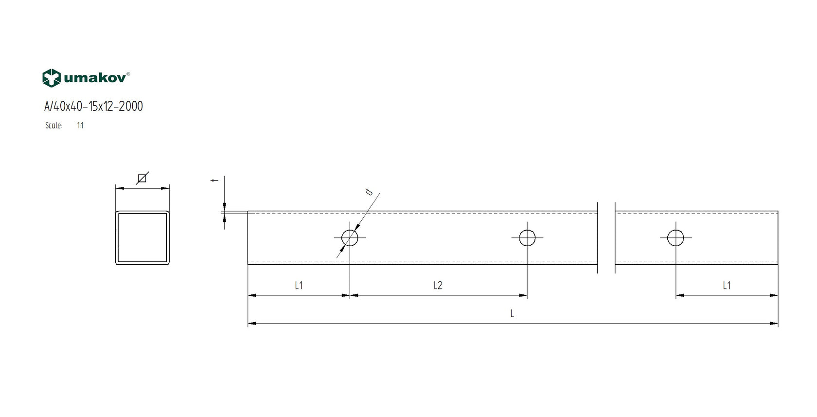 Profil AISI304, 40x40x2/15xd12,5/L1980