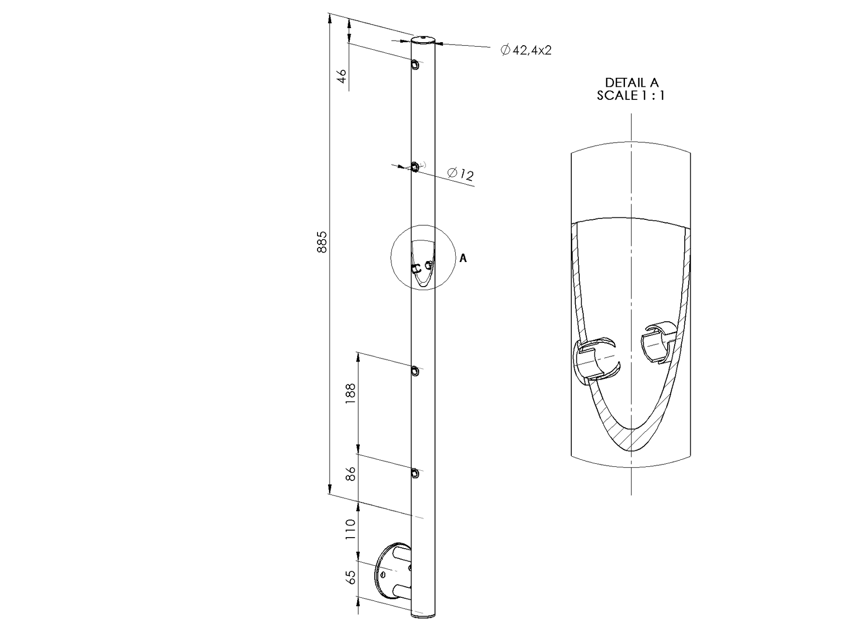 Stĺpik, bočné kotvenie - rovné + A12/12-PVC