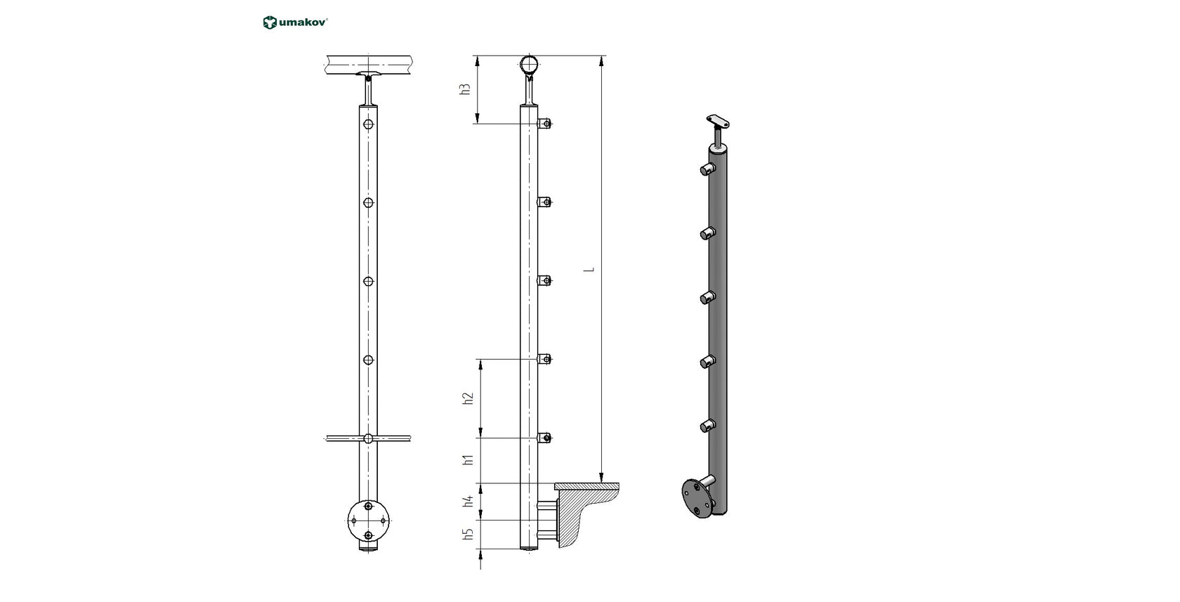 Stĺpik, bočné kotvenie - rovné - lesk AISI304, D42