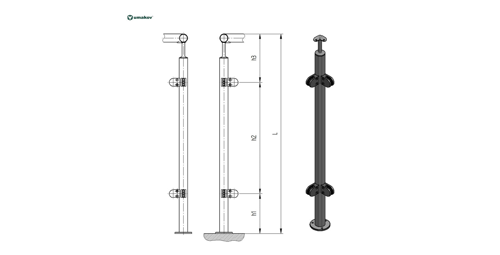 Stĺpik, vrchné kotvenie - rohový 90° AISI304, D42,