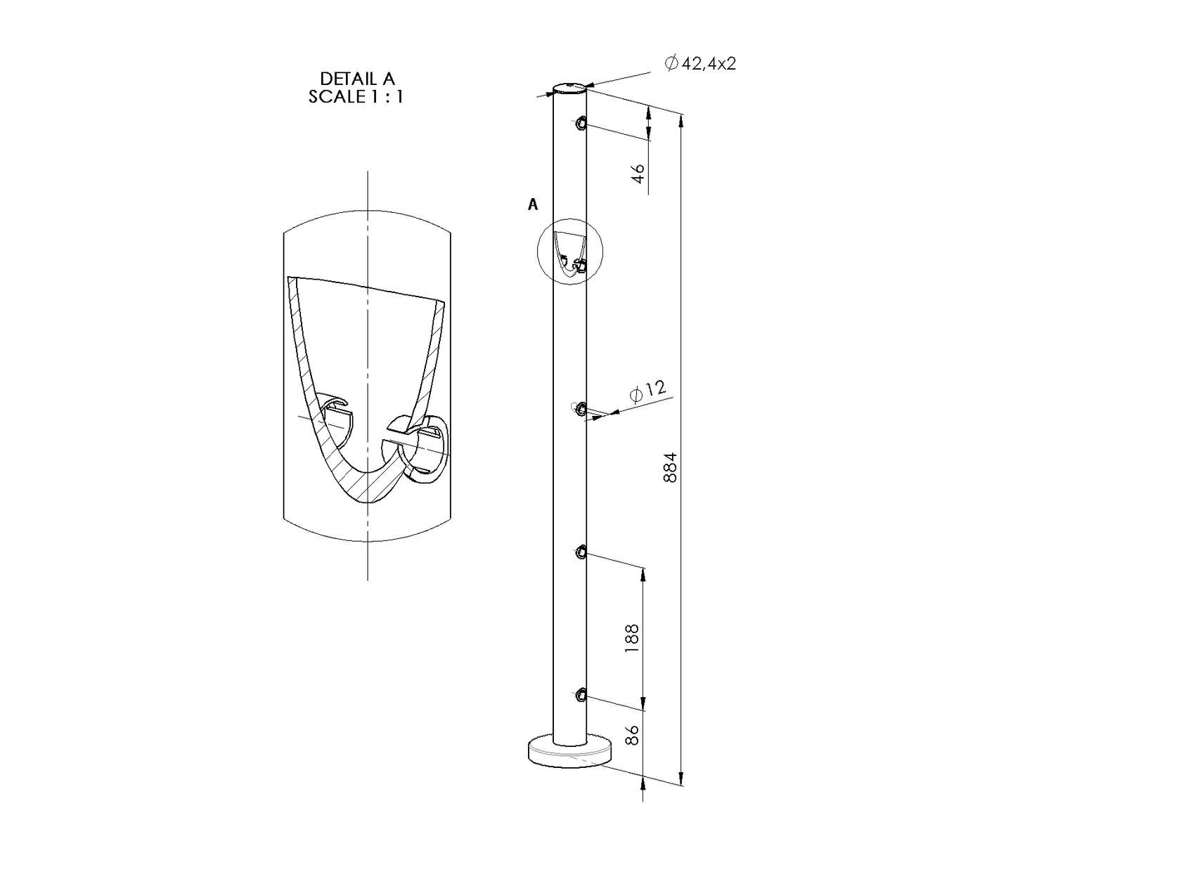 Stĺpik, vrchné kotvenie - rovné + A12/12-PVC