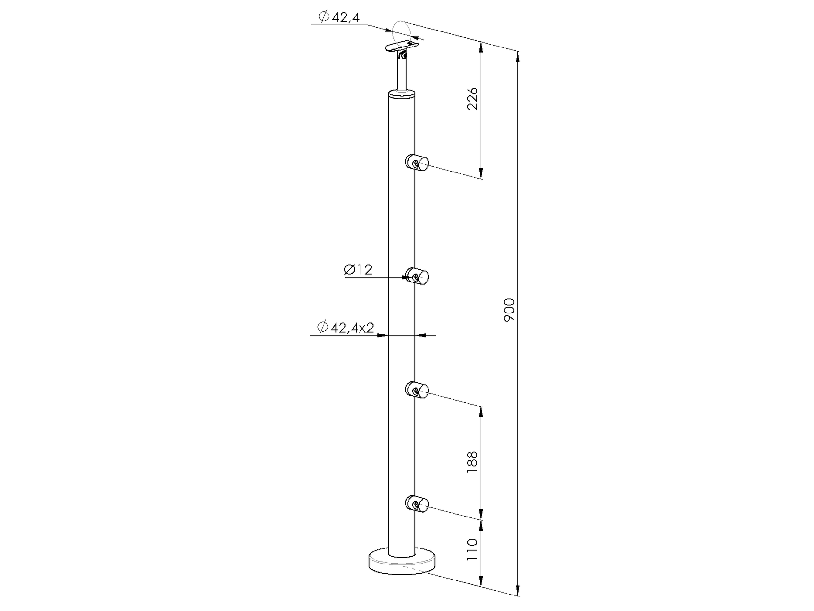 Stĺpik pre nerezové zábradlie, vrchné kotvenie