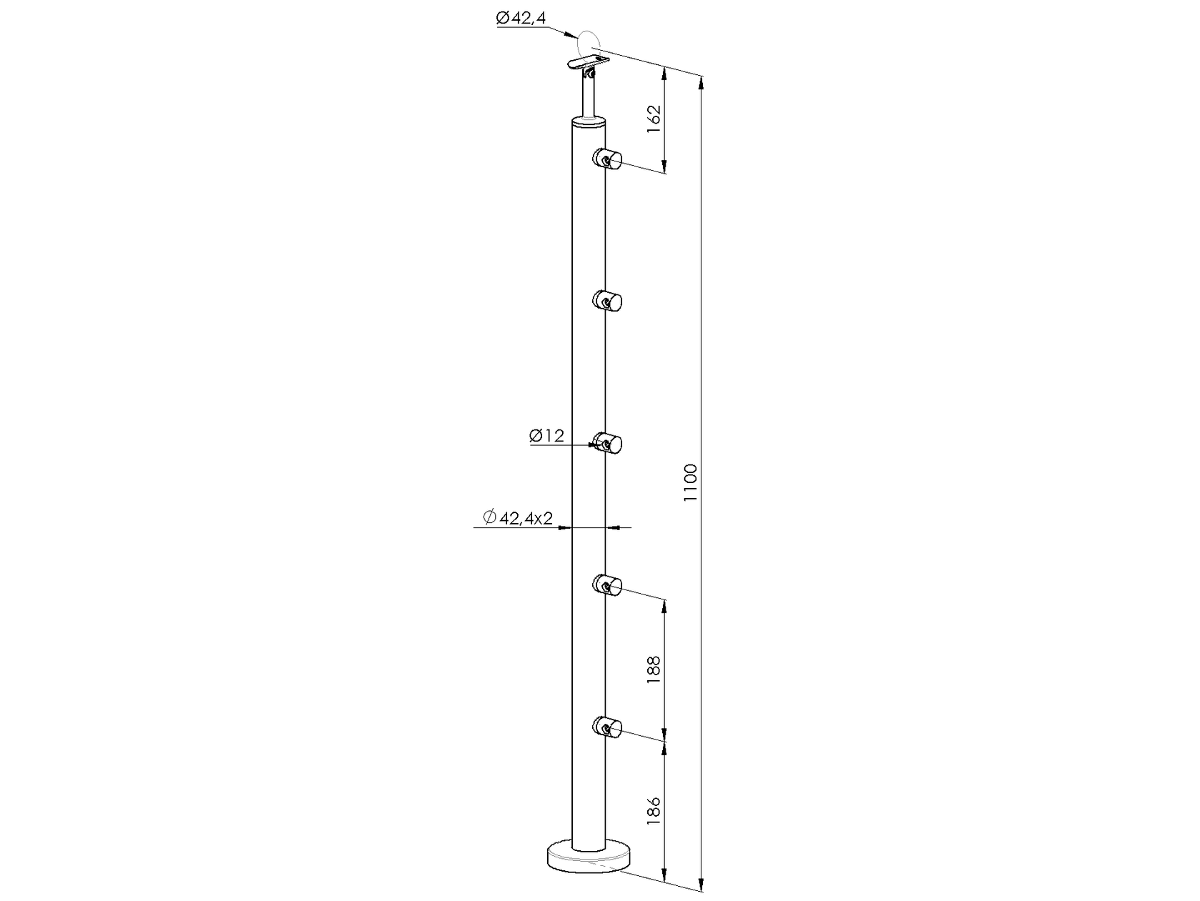 Stĺpik, vrchné kotvenie - na schodisko AISI304, D4