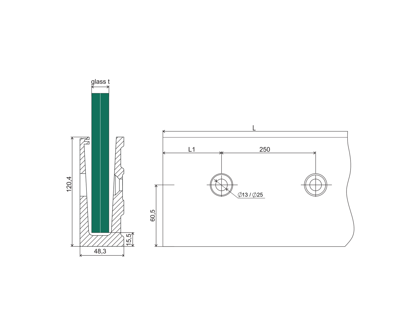 Celosklenené zábradlie-profil-bočné kotvenie