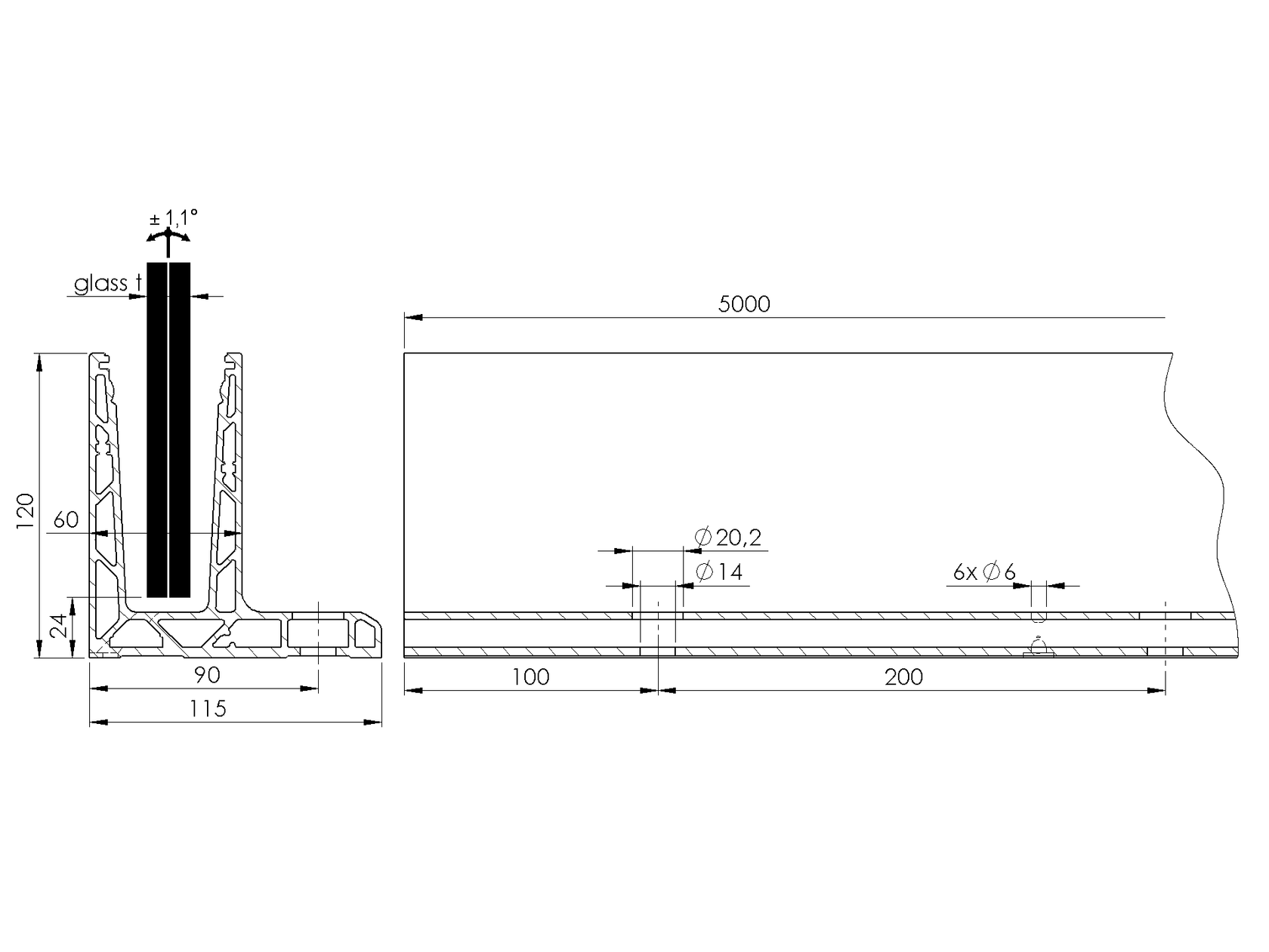 Celosklenené zábradlie-profil dutý-vrchné kotvenie
