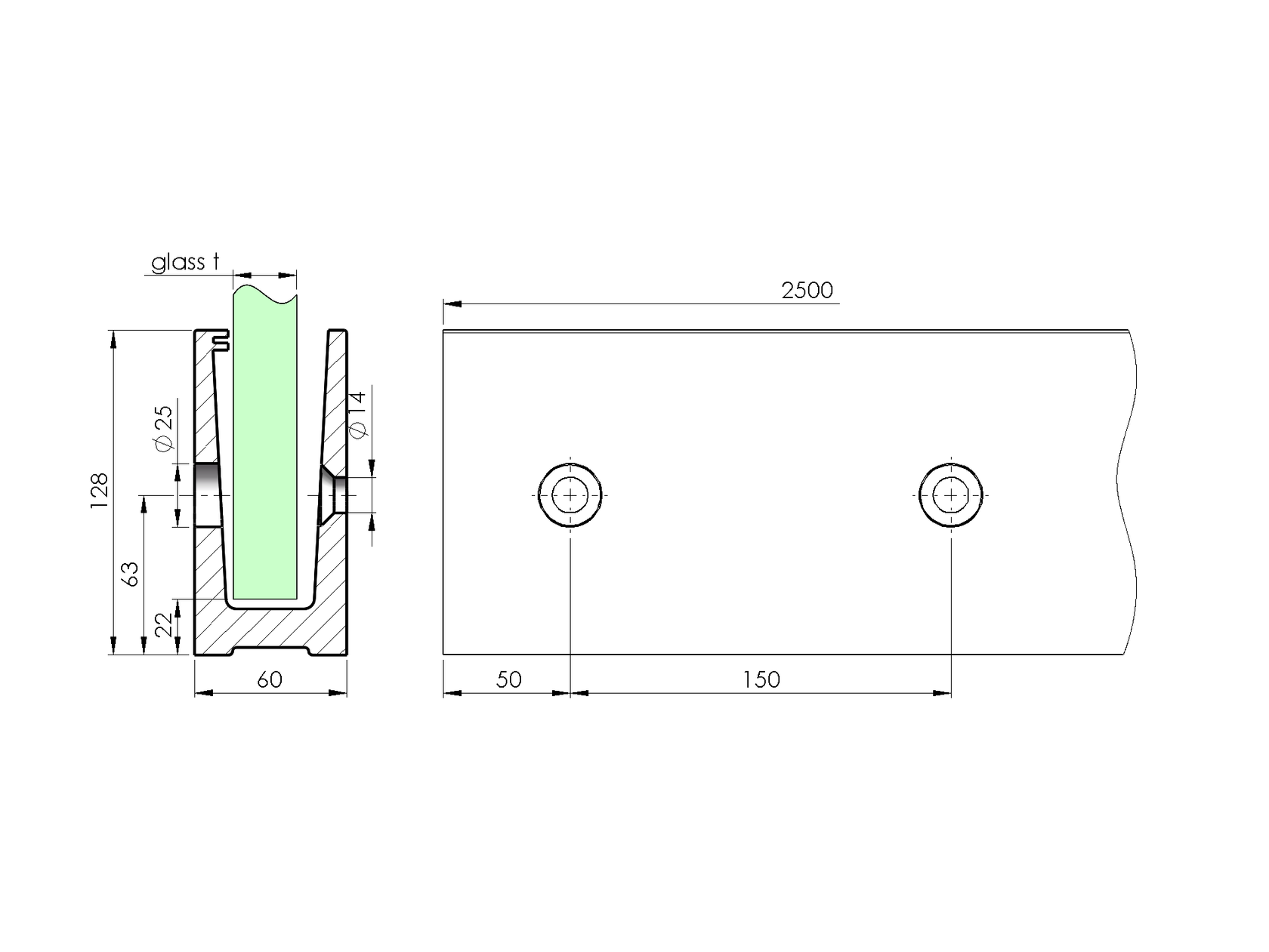 Celosklenené zábradlie-profil-bočné kotvenie
