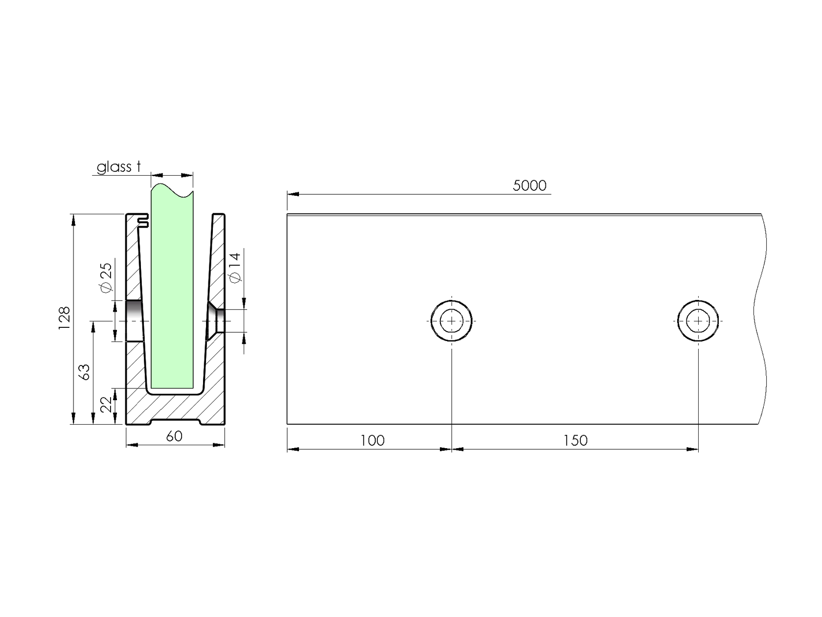 Celosklenené zábradlie-profil-bočné kotvenie