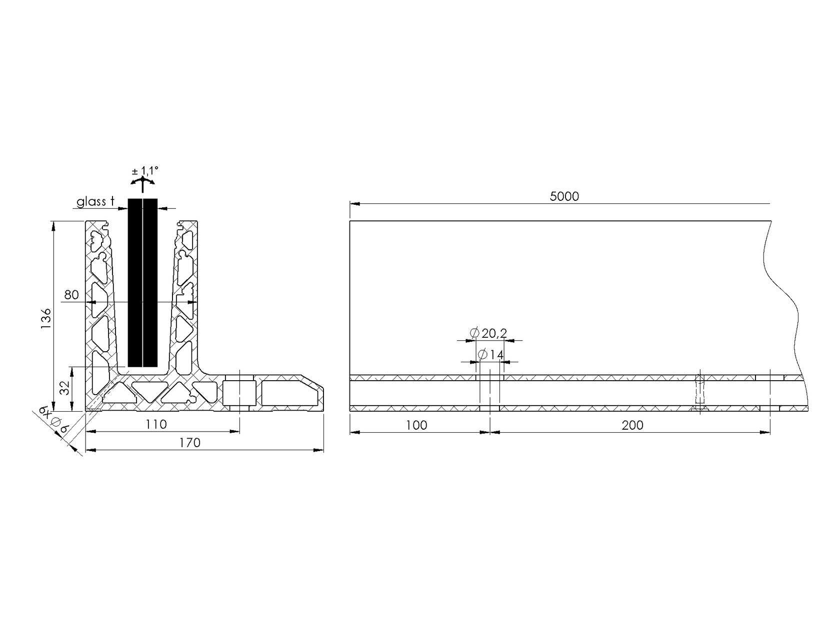 Celosklenené zábradlie-profil dutý-vrchné kotvenie