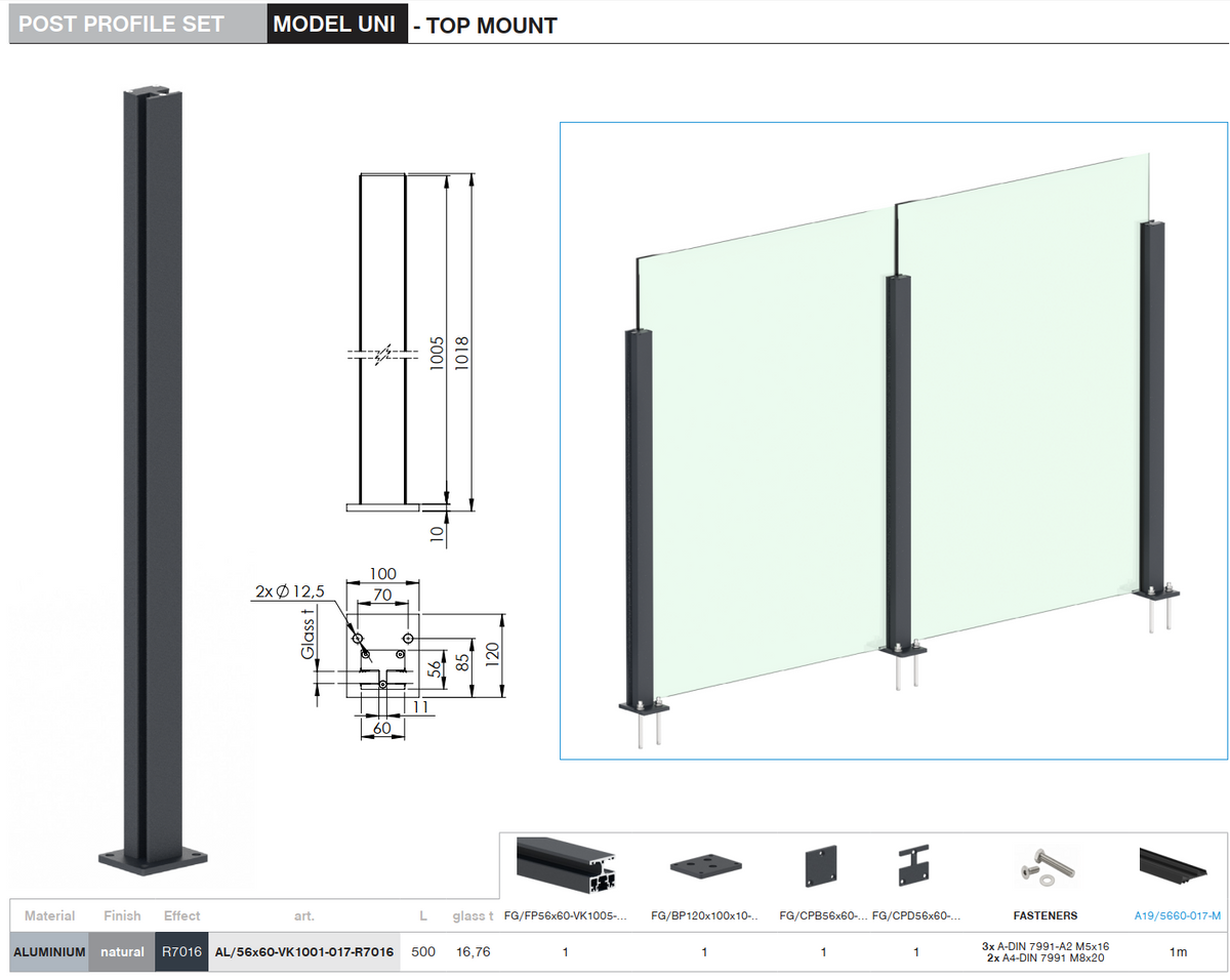 Aluminum Post Profile 56 × 60 mm - 1.0 m - Anthracite RAL 7016
