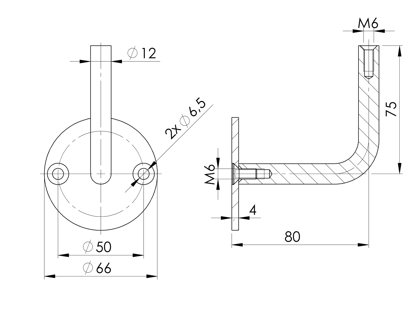 Držiak madla na stenu bez vaničky