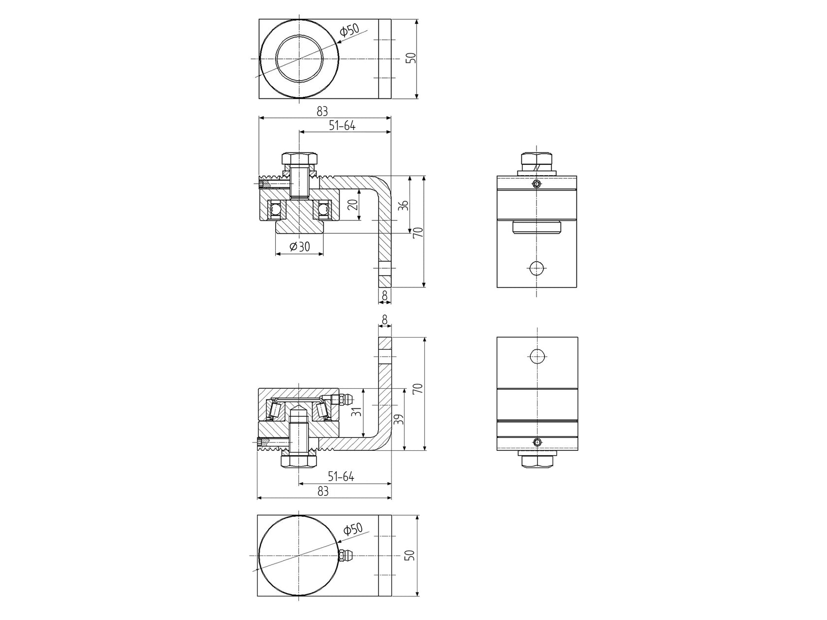 Záves pre ťažké brány (vrchný+spodný), D50.