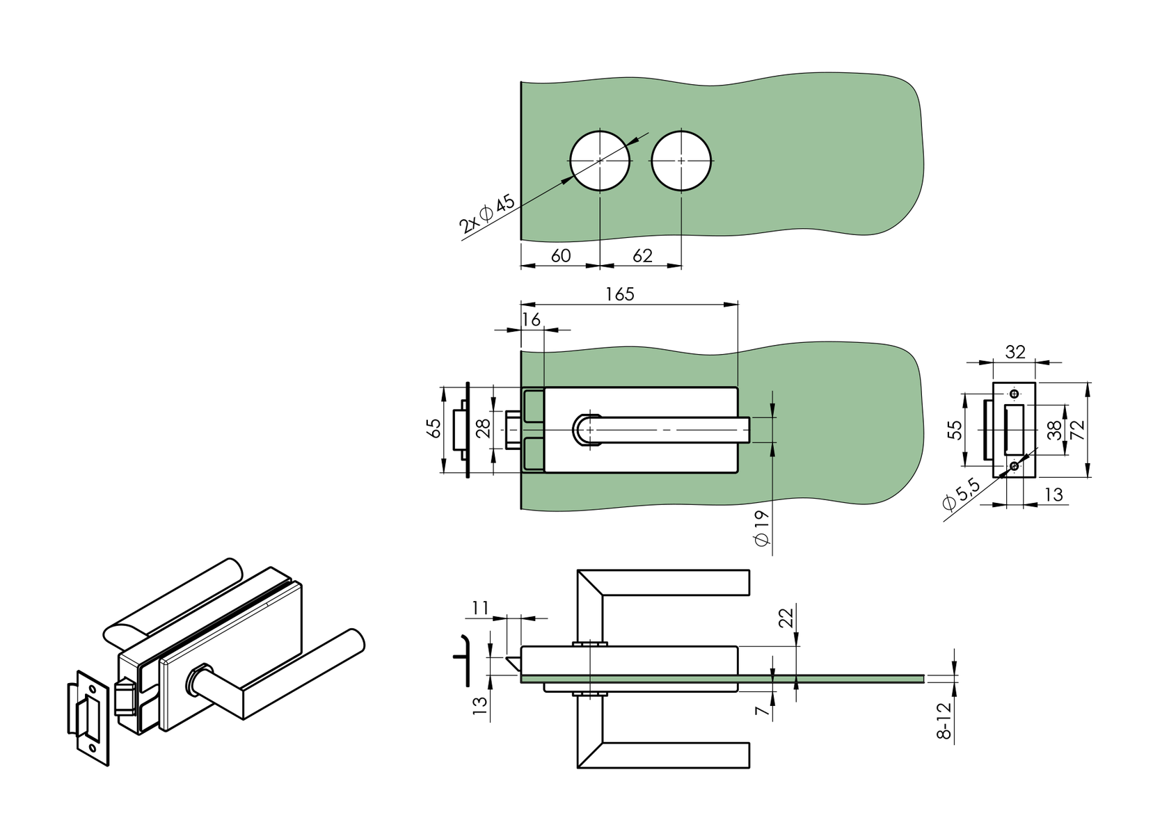 Zámka pre sklenené dvere AISI304 UV