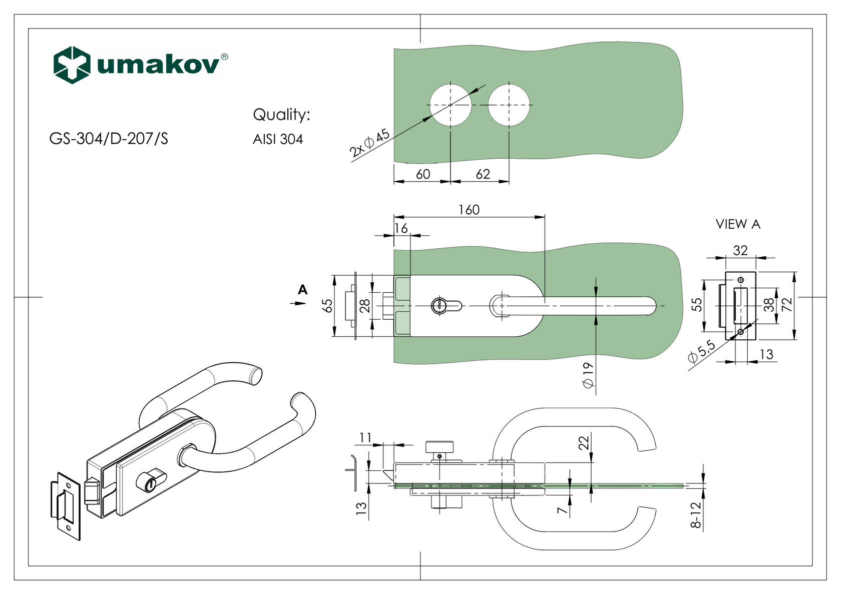 Zámka pre sklenené dvere AISI304 PZ + zámok