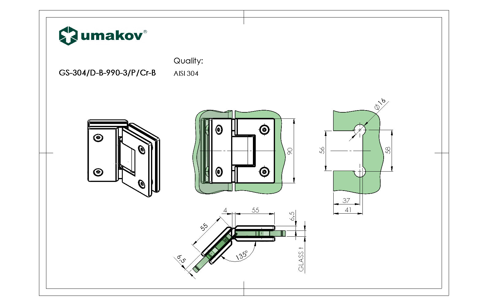 Záves pre sklenené dvere sklo/sklo 135 stup. AISI3