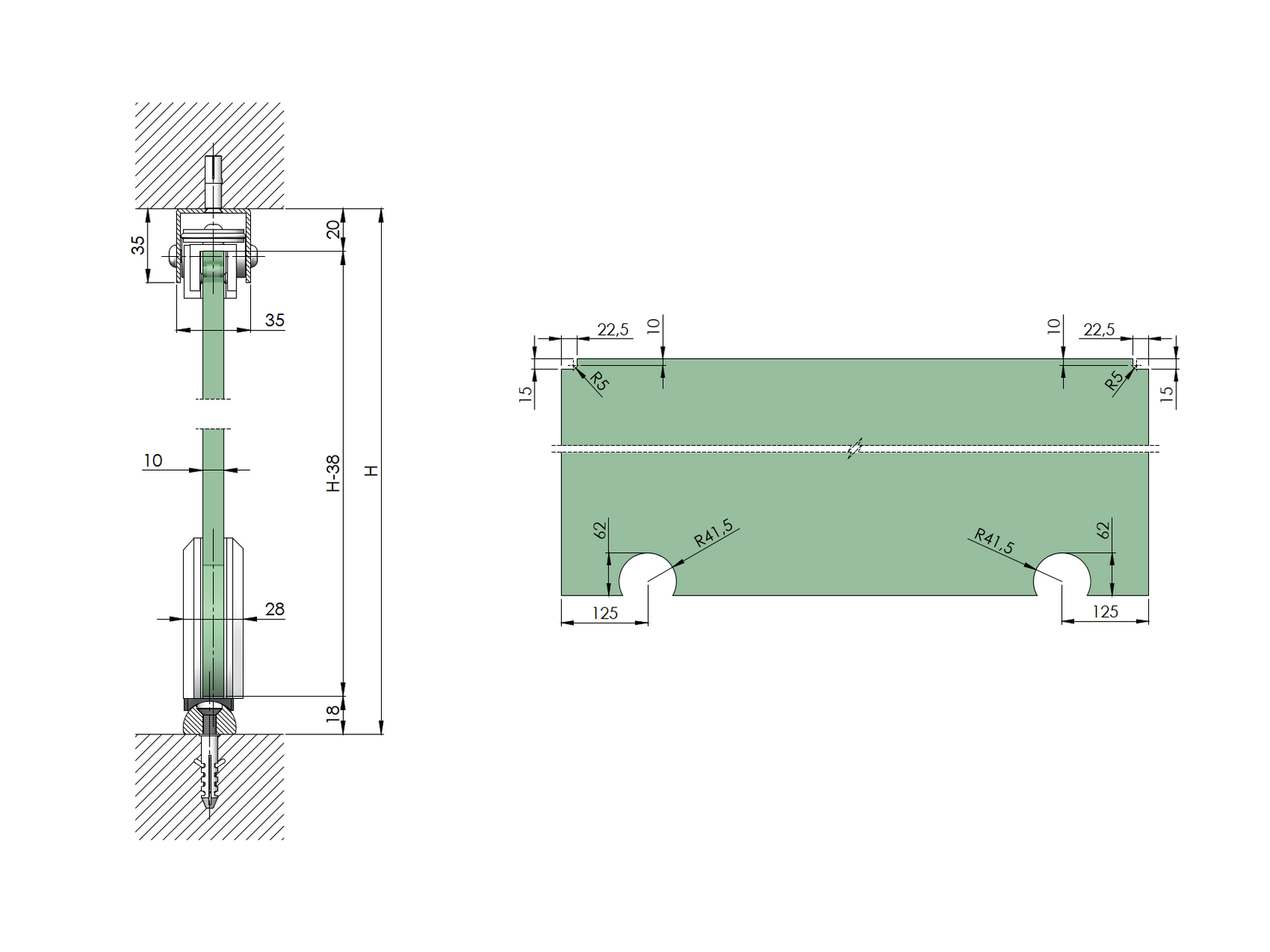 Kovanie - posuvné dvere-lišta AL/AISI304