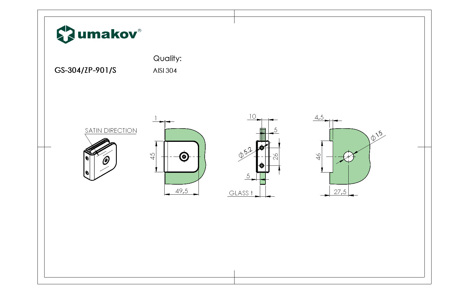 Zasklenie pevne - držiak skla, AISI 304, BLACK