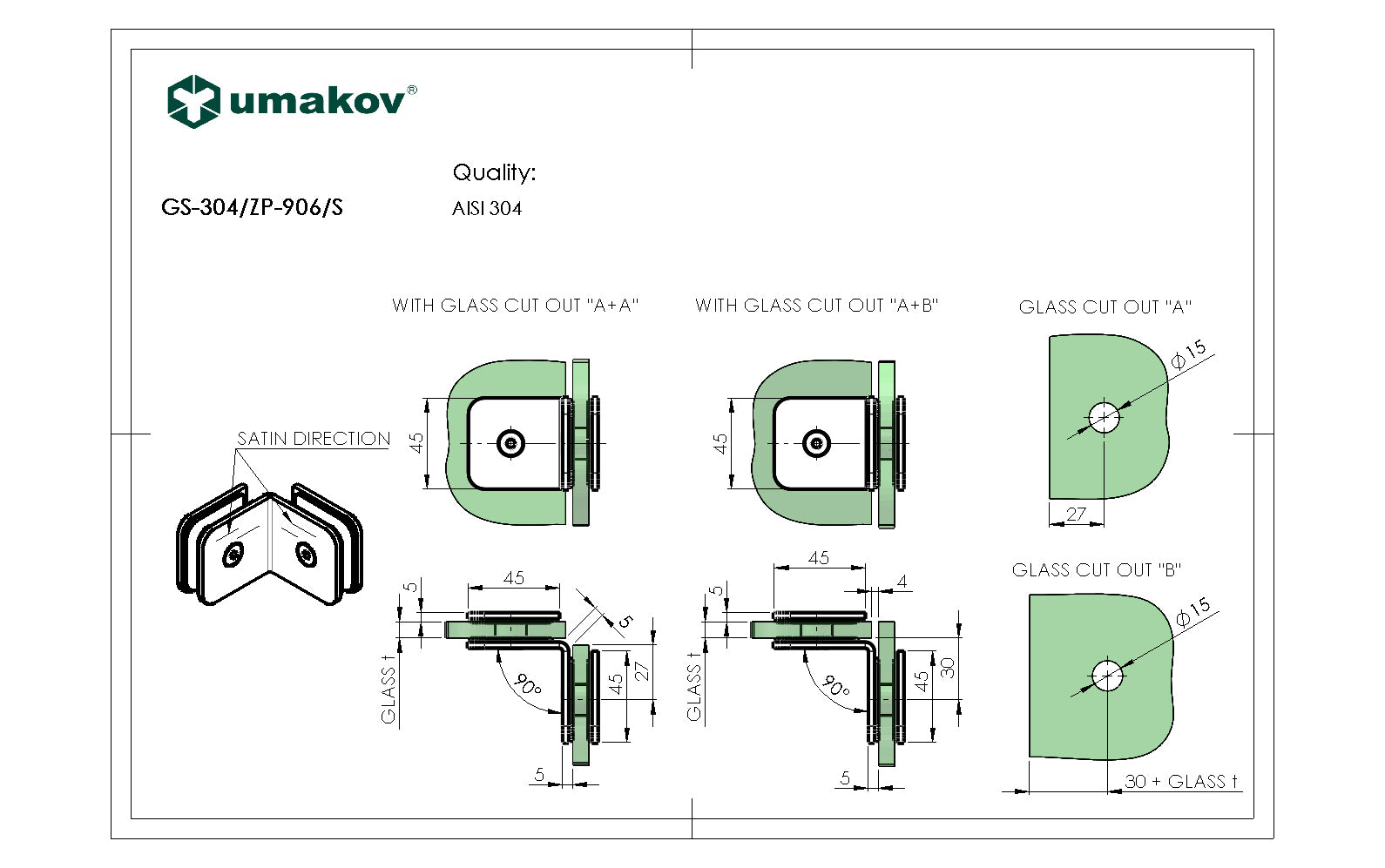 Zasklenie pevne - držiak skla, AISI 304, T 8-10 mm