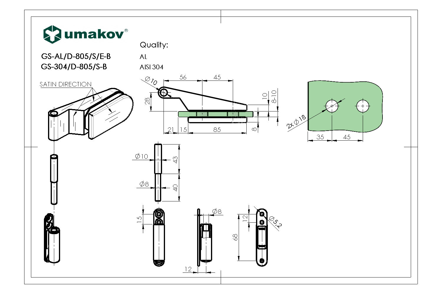 Záves pre sklenené dvere AISI304, 8,10mm studio