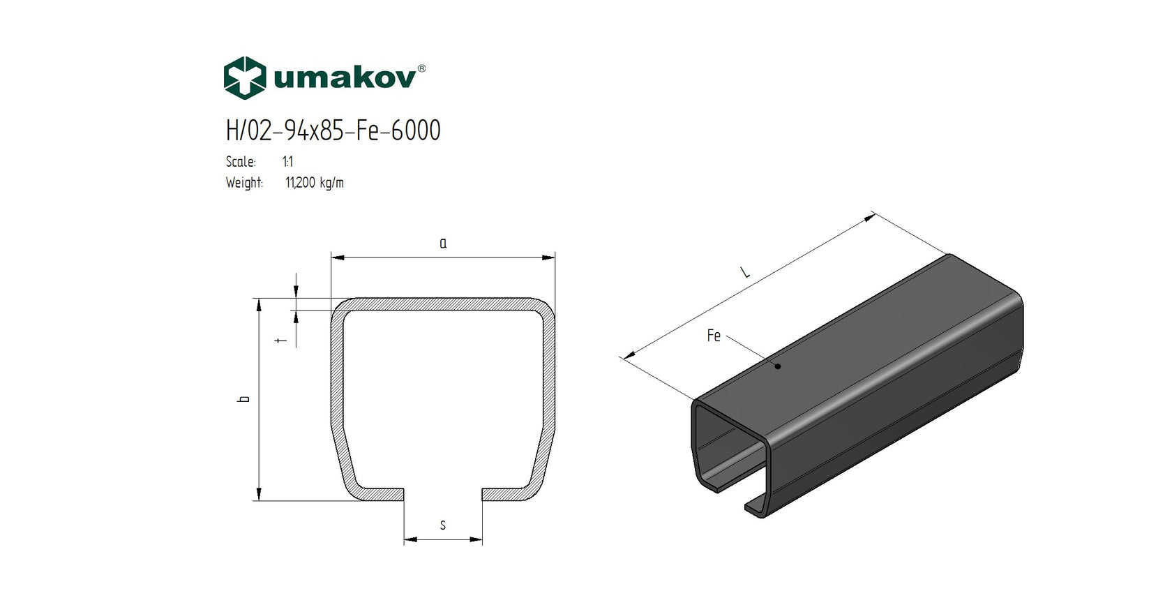 Profil vodiaci spodný Fe, 94x85x5mm, L6m