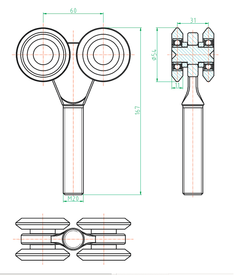 Štvorkoliesko závesné Zn, profile 57x67mm