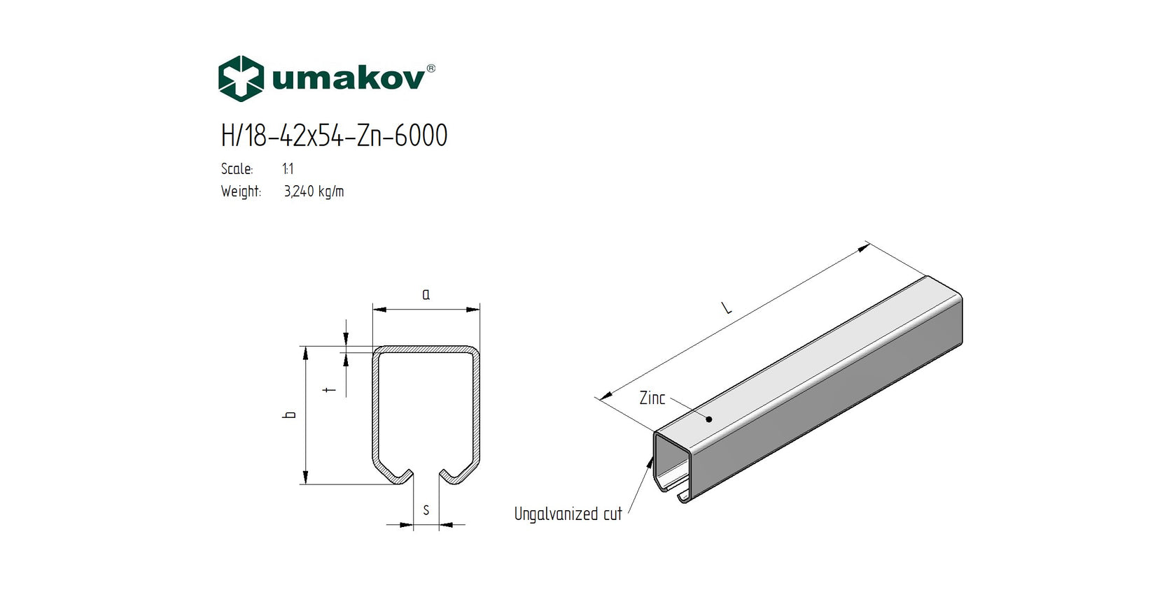 Profil vodiaci závesný Zn, 42x54x2,5mm, L6m