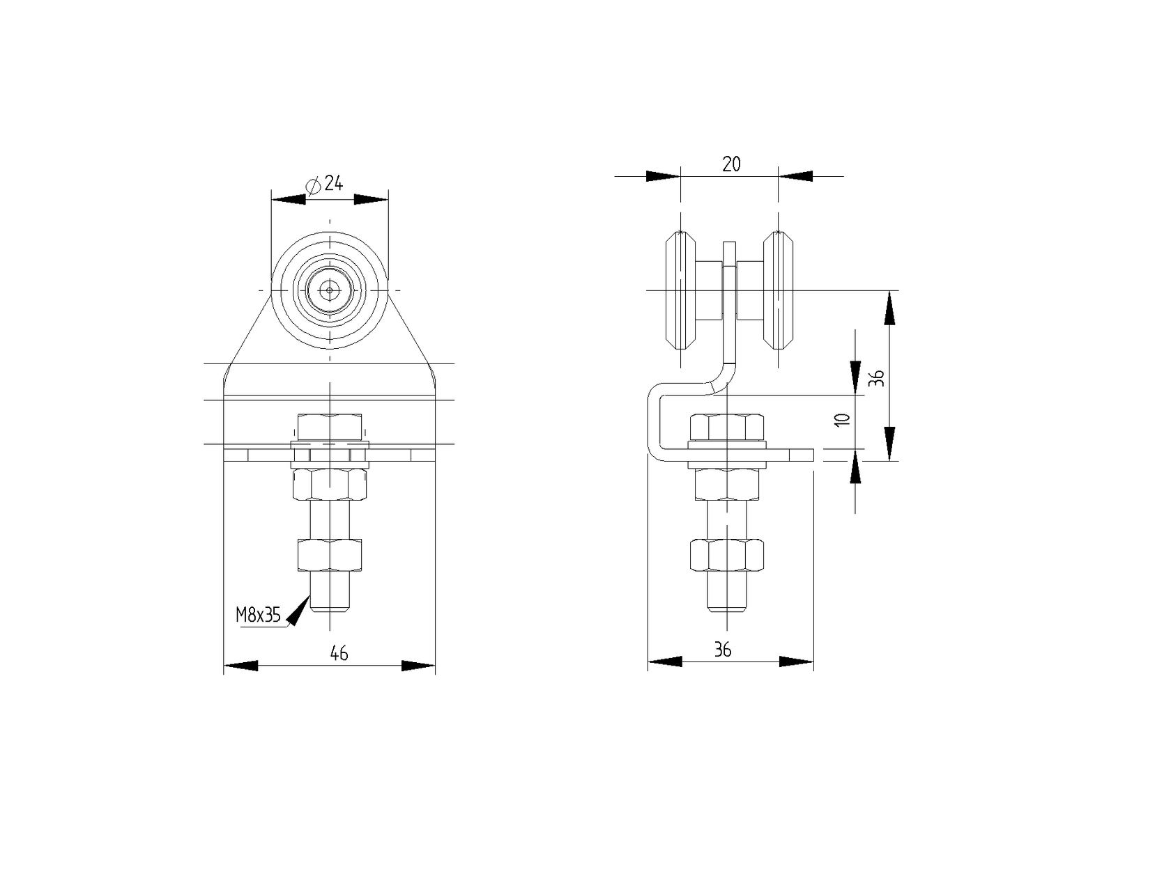Dvojkoliesko závesné Zn, profile 33x34mm