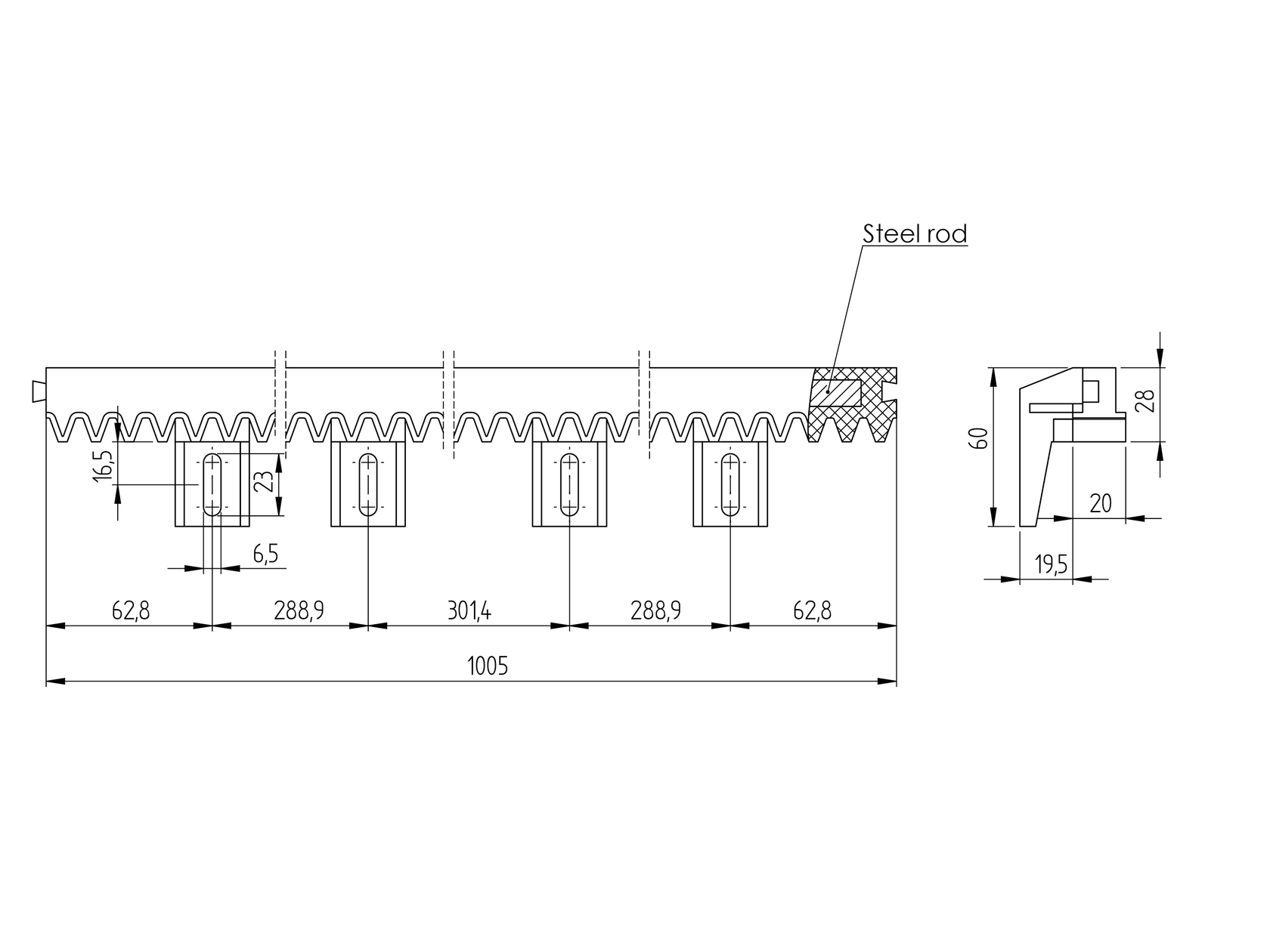 Hrebeň - odľahčený PVC+Fe,light,27x20mm, L1m,max 3
