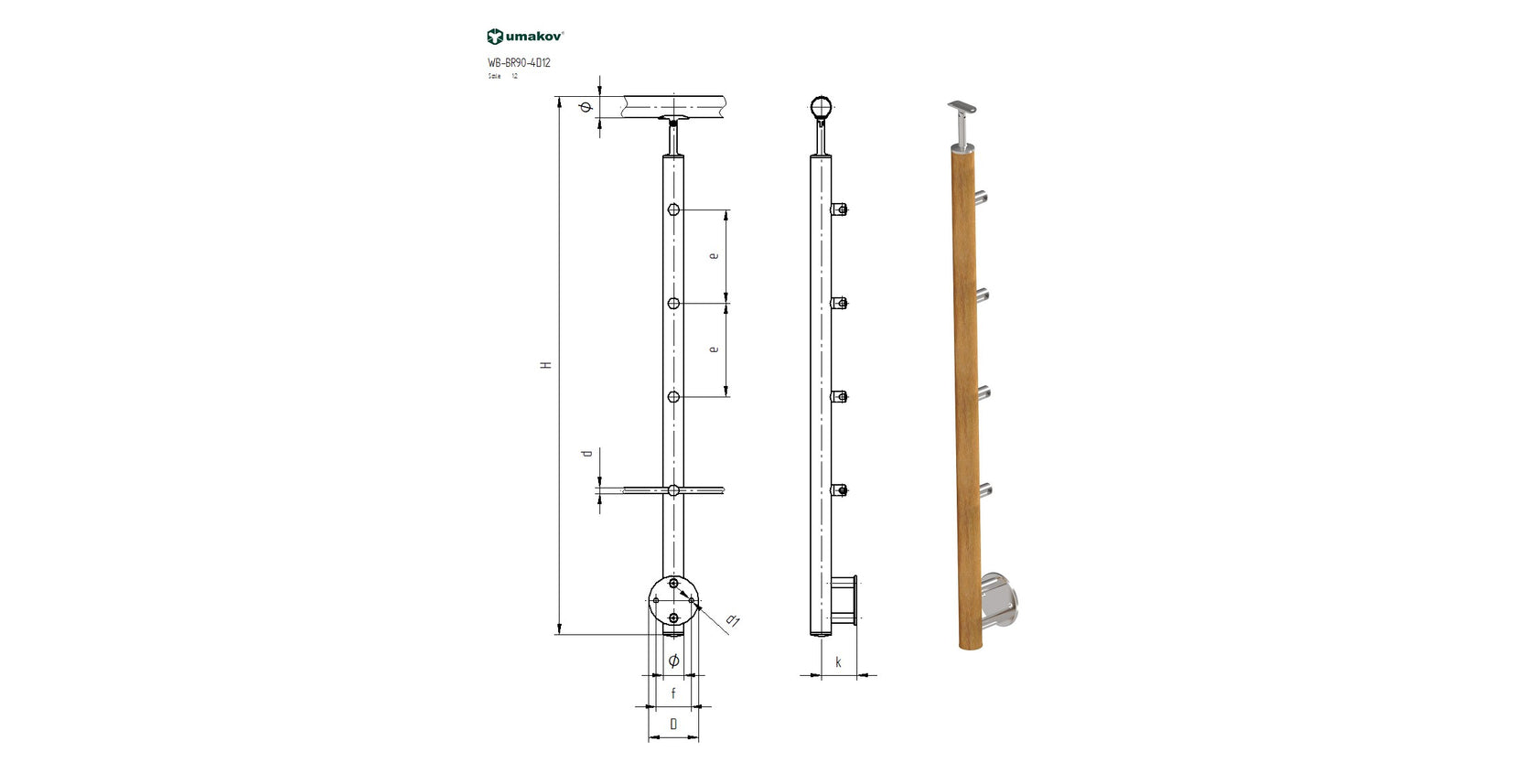 Stĺpik BUK (BEECH) D50mm, 4xd12mm, H900, BK-rovn