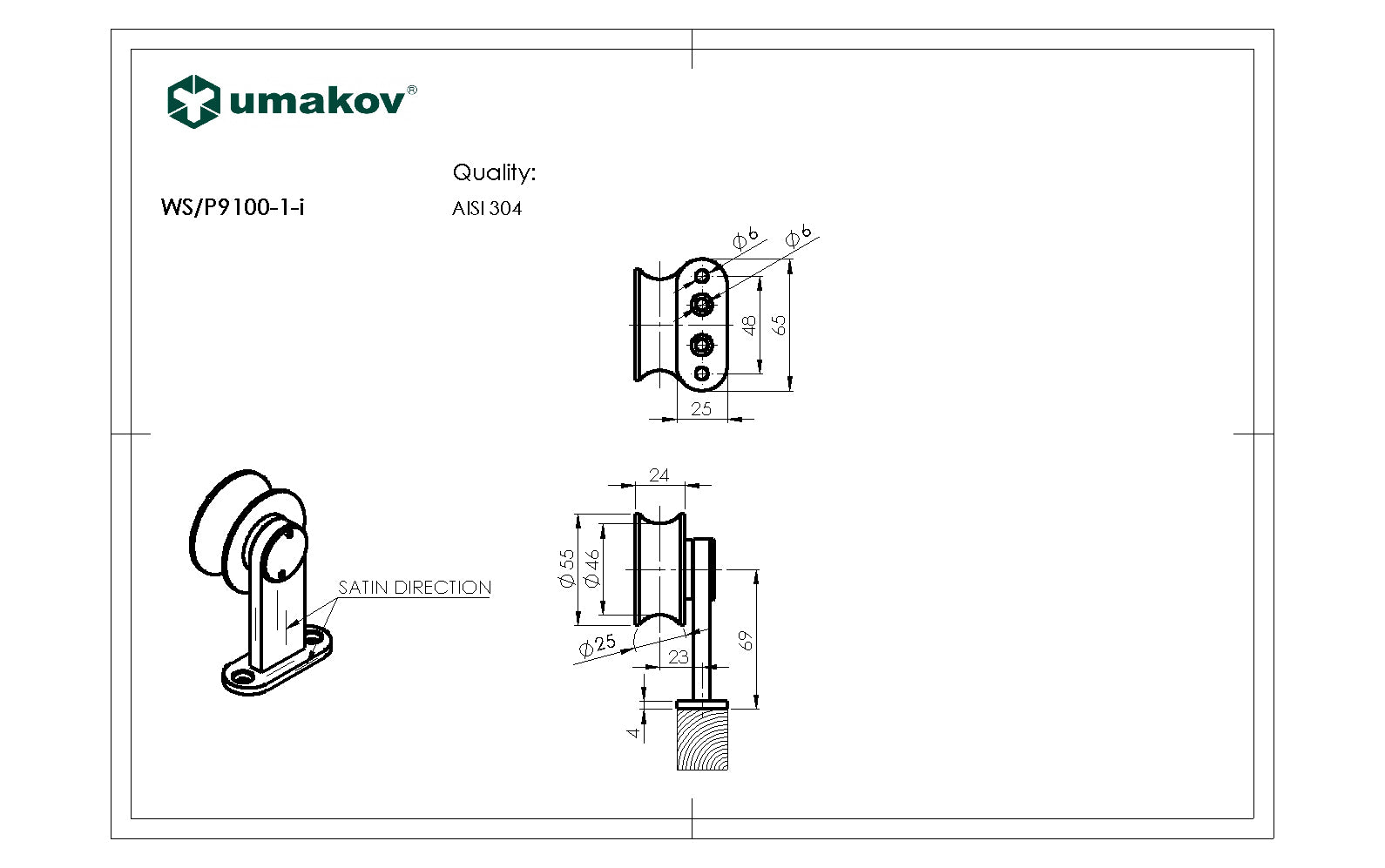Posuv - vozík na tyč pre drevené dvere AISI304, D2