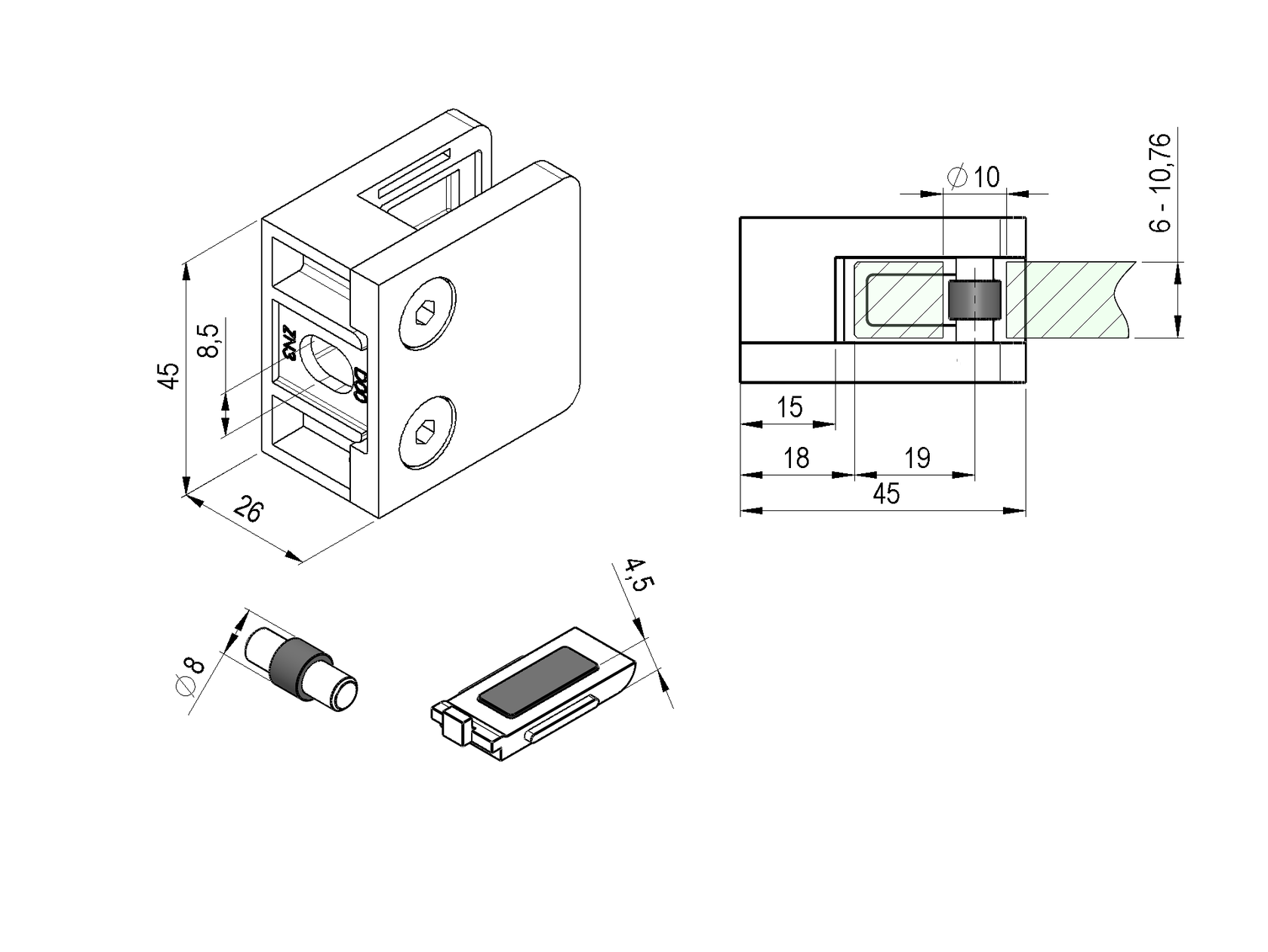 Držiak skla, zábradlie