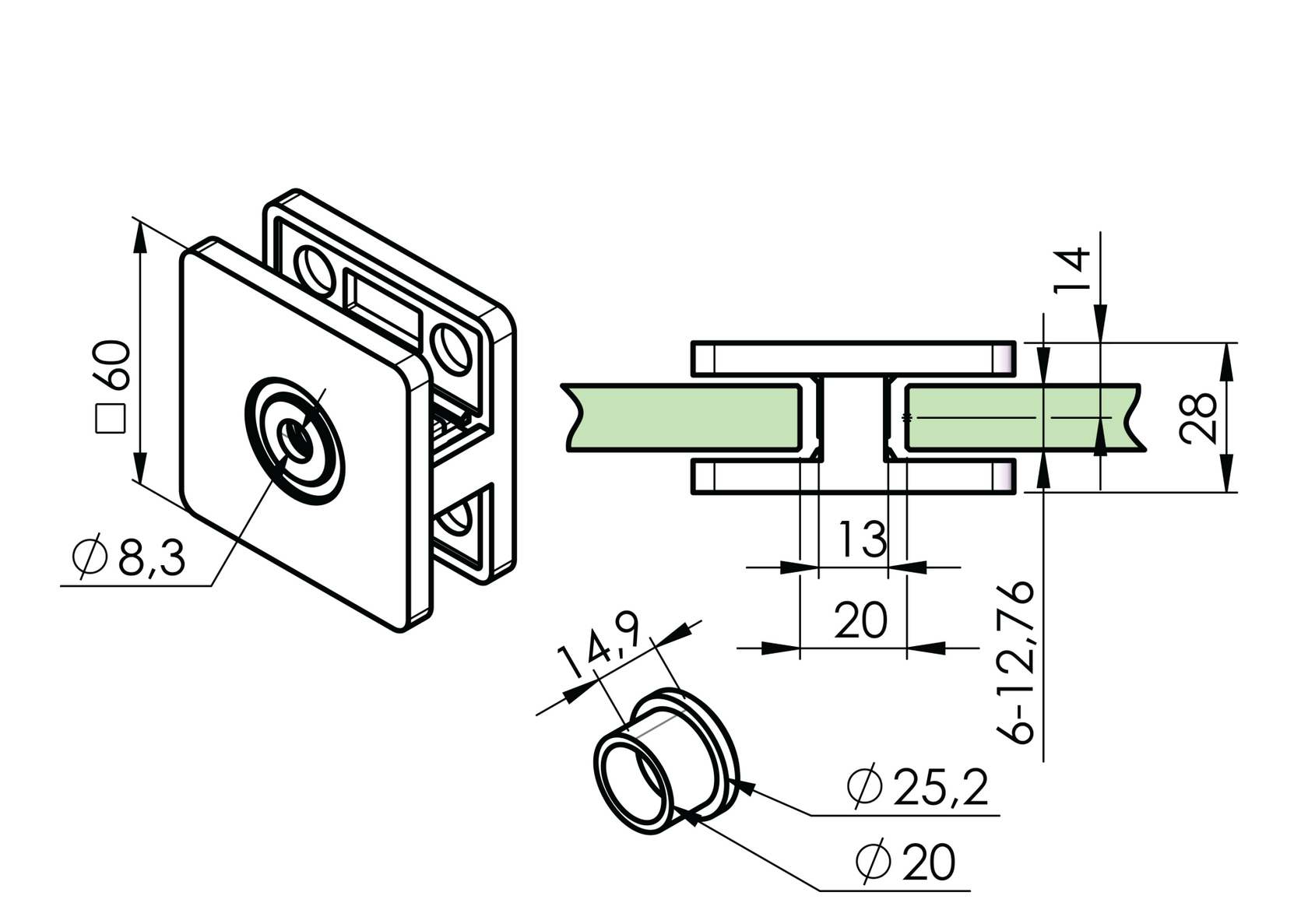 Držiak skla mimoosový obojstrannný