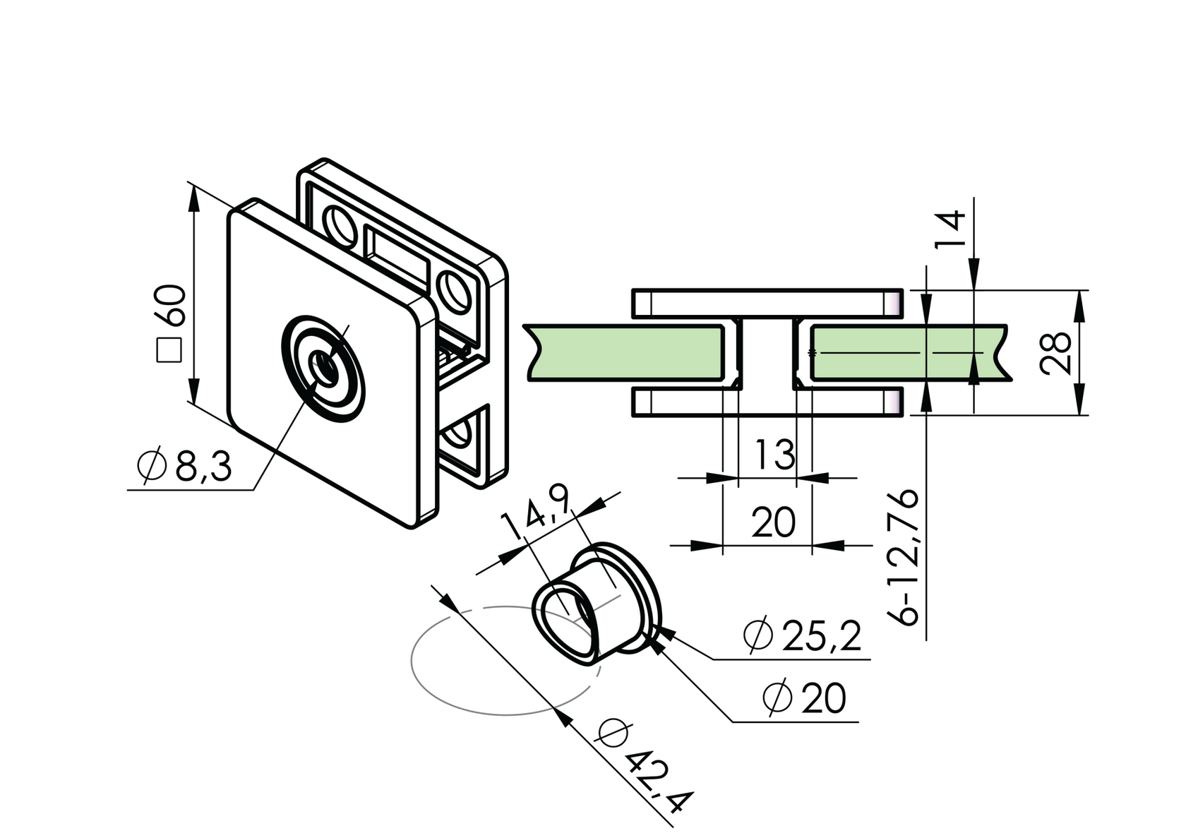 Držiak skla mimoosový obojstrannný