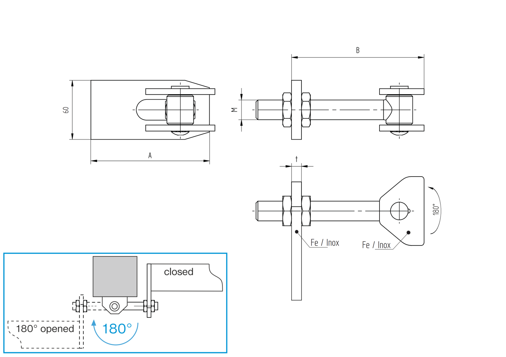 Záves nastaviteľný INOX, 180°, M16