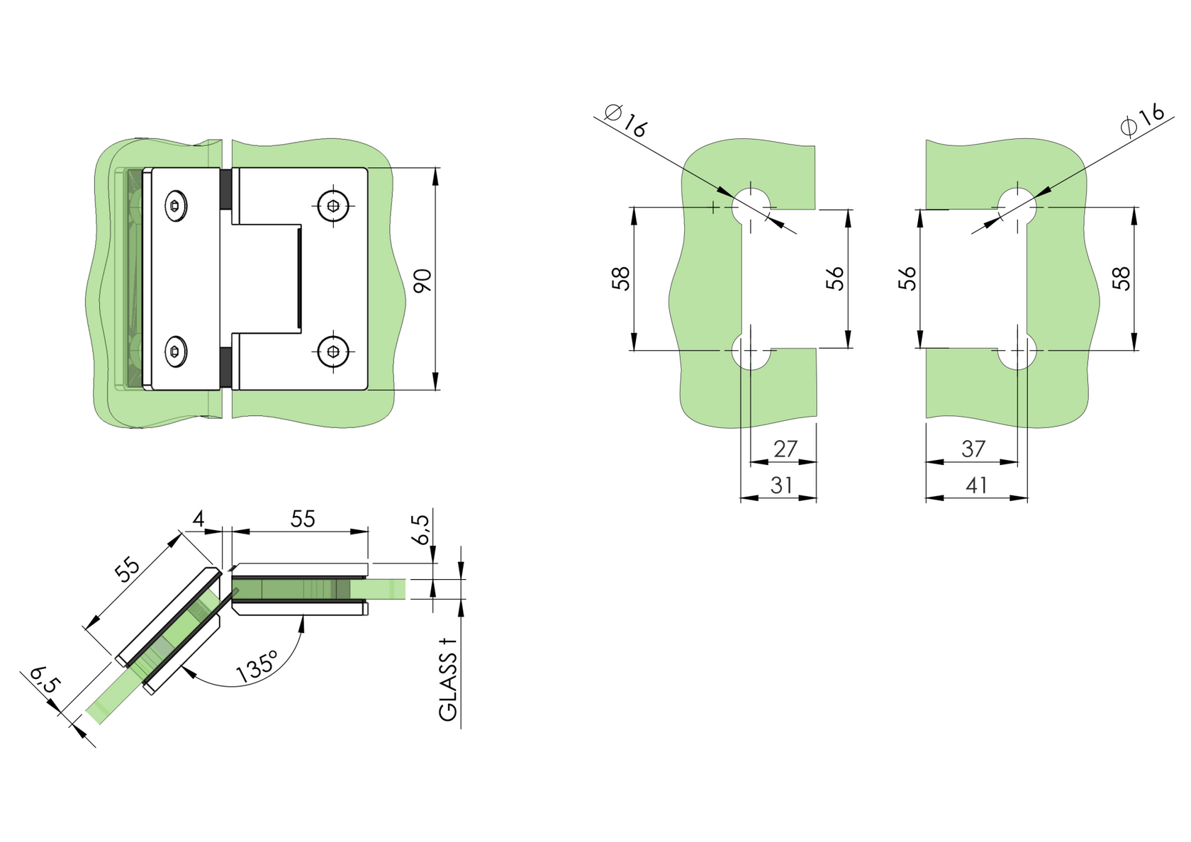 Záves pre sklenené dvere sklo/sklo 135 stup. AISI3