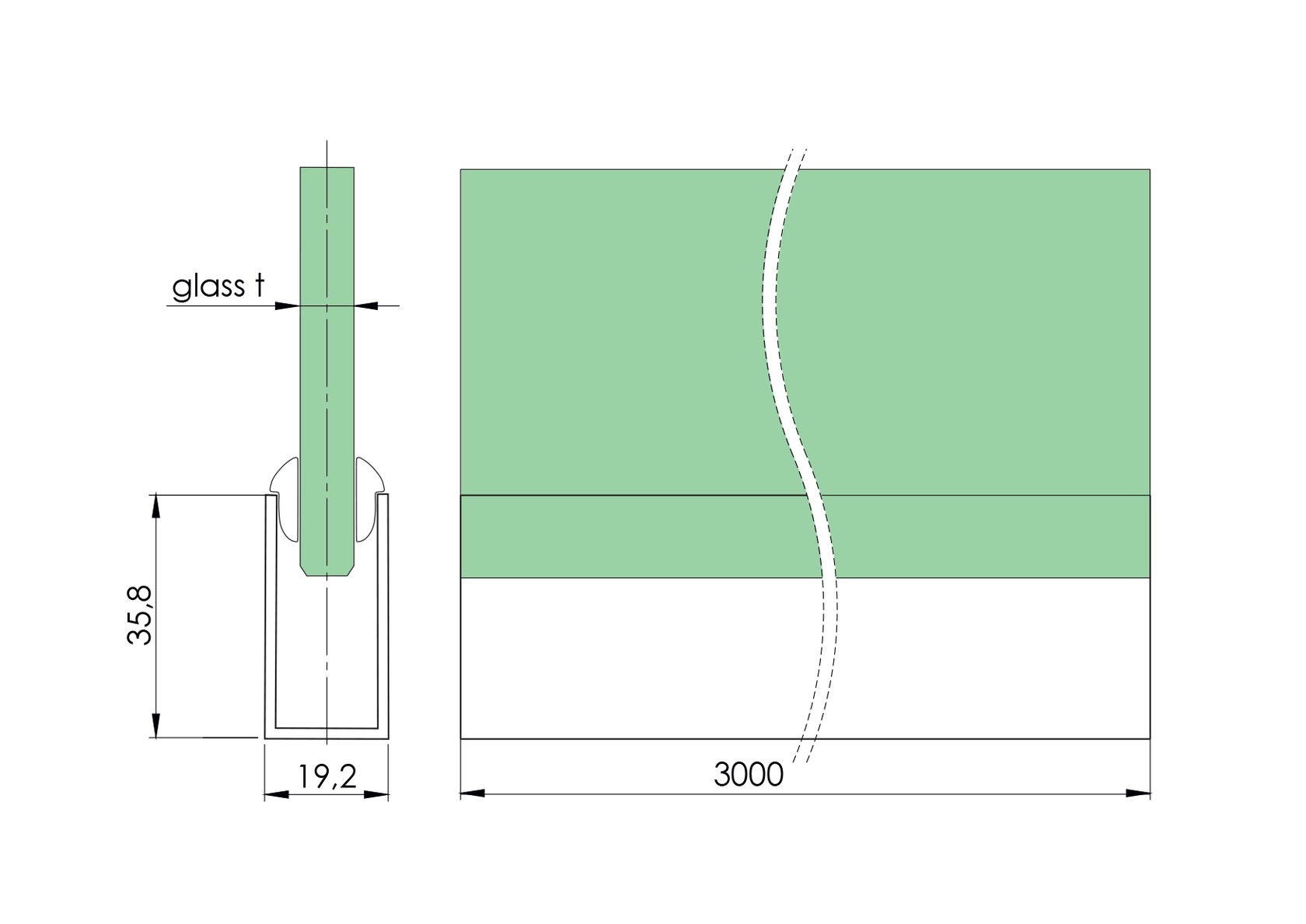 Zasklenie pevné - profil U 36x19x1,5mm
