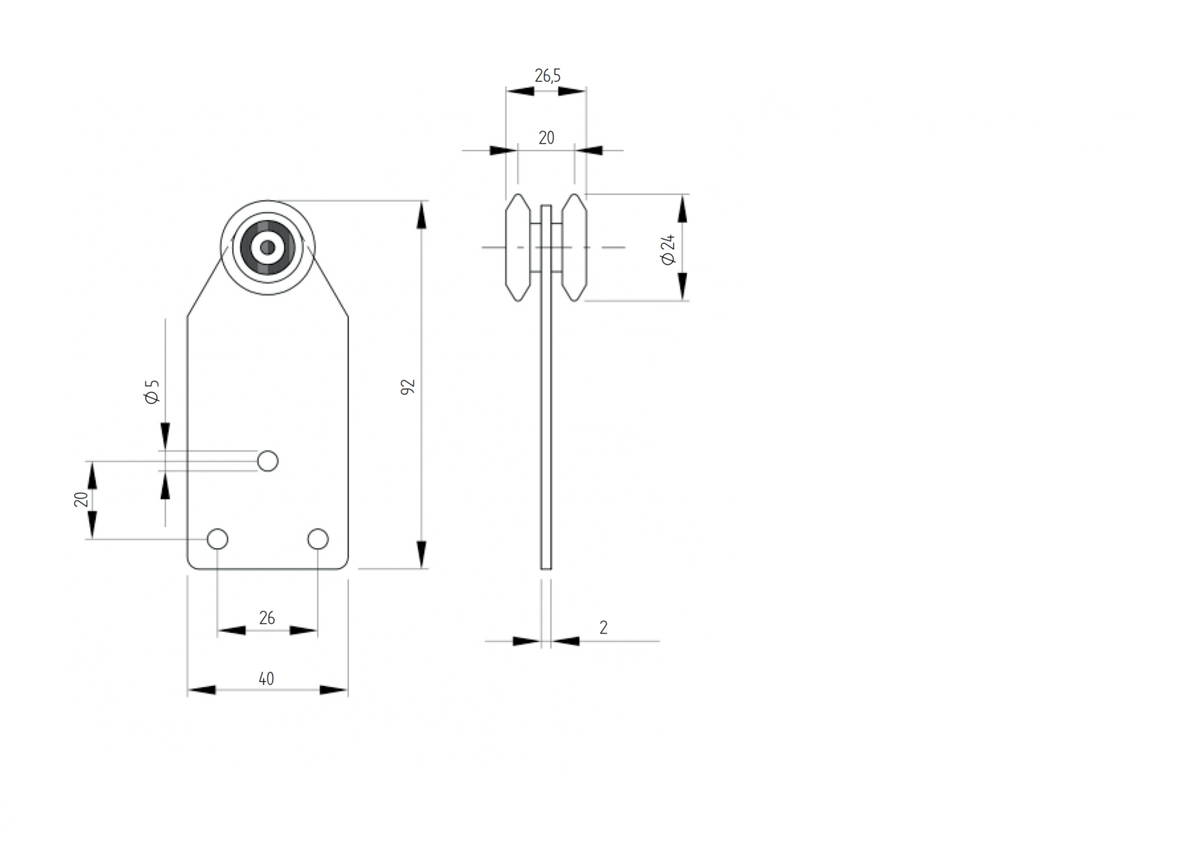 Dvojkoliesko závesné s platničkou, profile 33x34mm