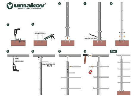 Zábradlie schody, VS AISI304, 40x40x2/4xd12/H900/L