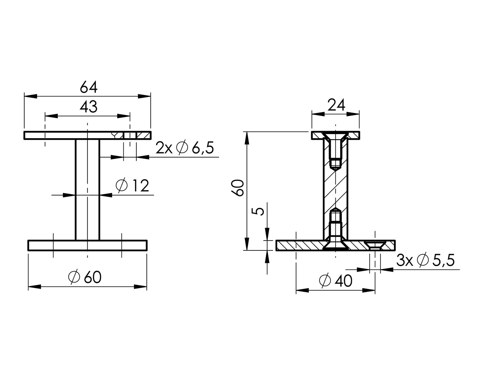 Držiak madla na múrik AISI304, D48,3x2/H60mm