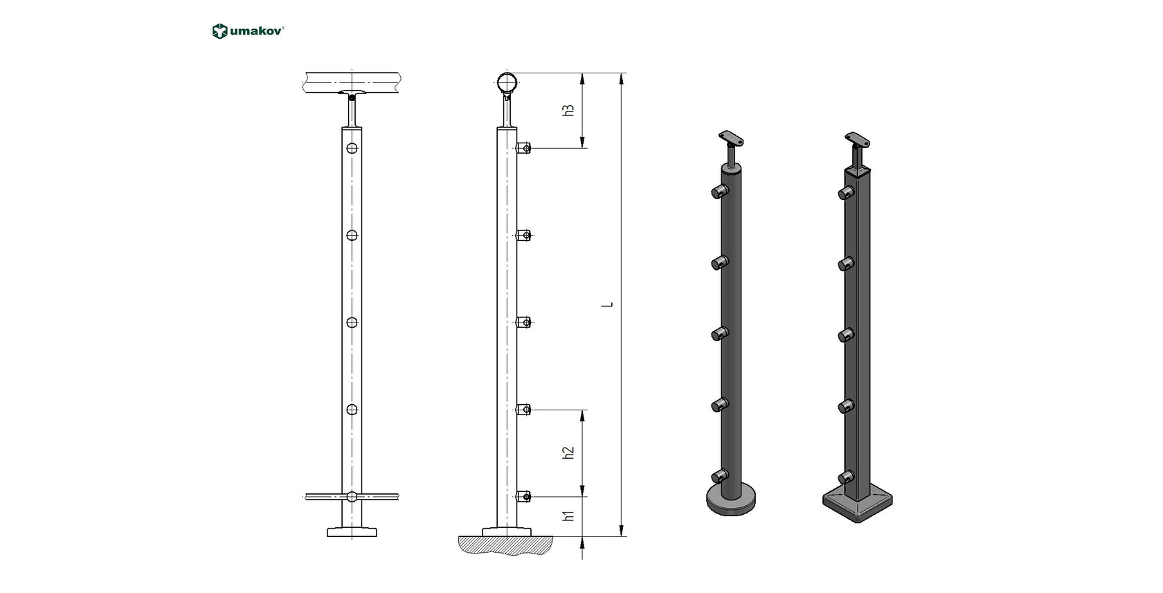 Stĺpik DUB D50/5x12mm, v=100cm, VK-Schodisko