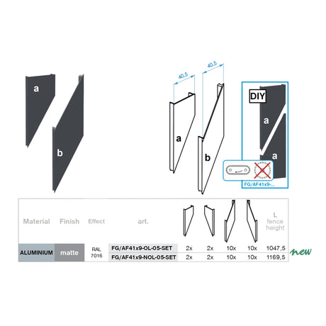 Click-lock dištančná krycia lišta profilu 70x70 a U40-adaptéra, 41x9-36mm-Antracit, šikmá s medzerou 5 mm-SET