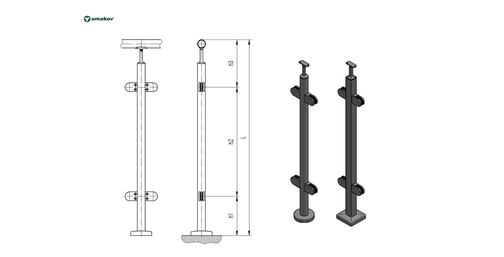 Stĺpik DUB D42,4 - 4xdržiak , v=100cm, VK-rovné