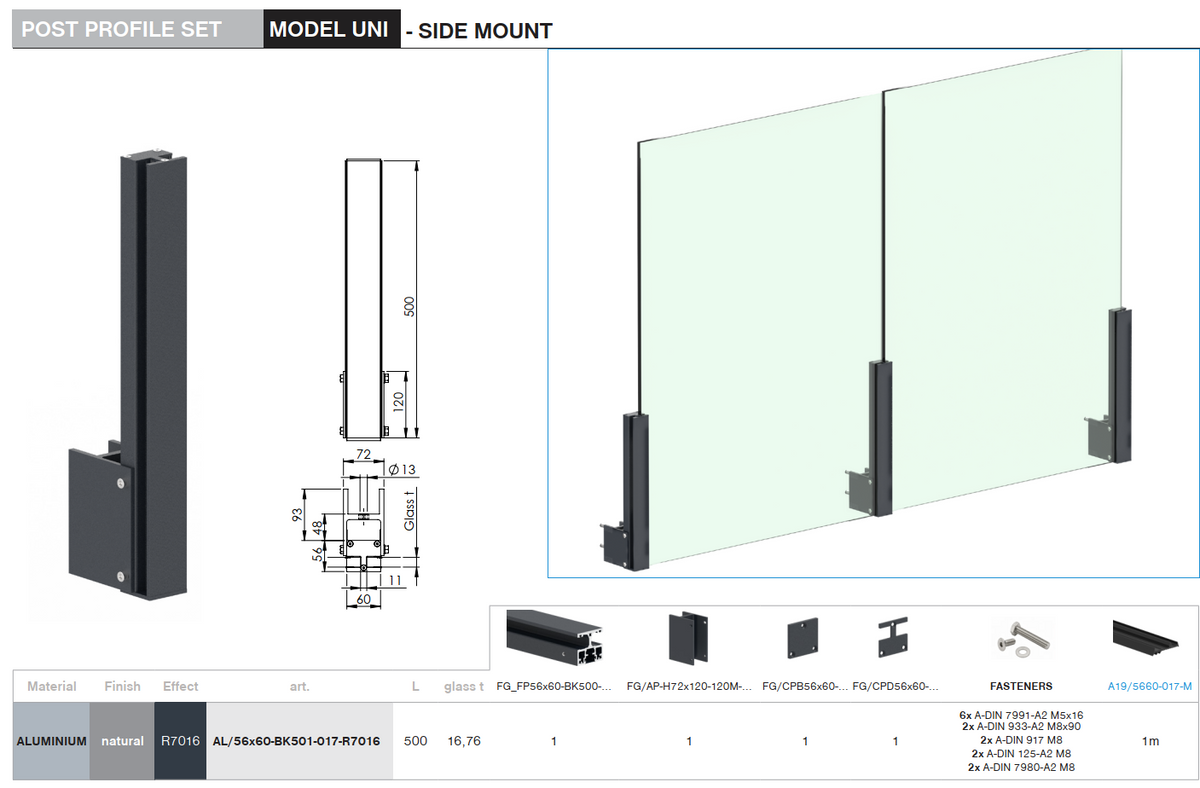 Aluminum Post Profile 56 × 60 mm - 0.5 m - Anthracite RAL 7016