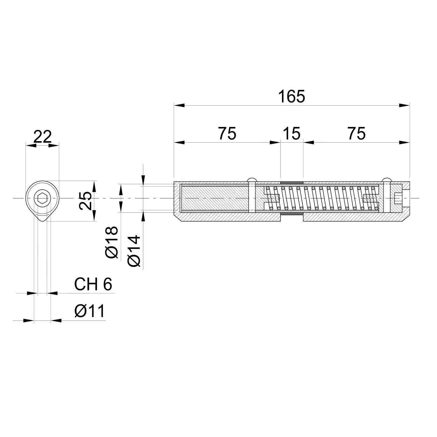 Záves navariteľný s pružinou, INOX, D22, L165mm