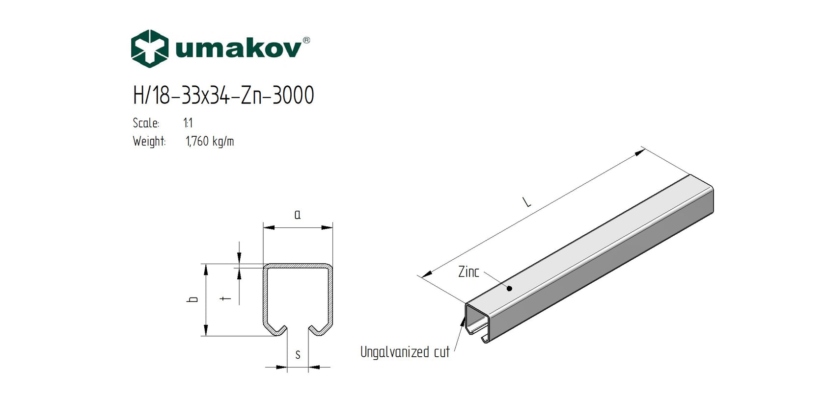 Profil vodiaci závesný Zn, 33x34x2mm, L3m