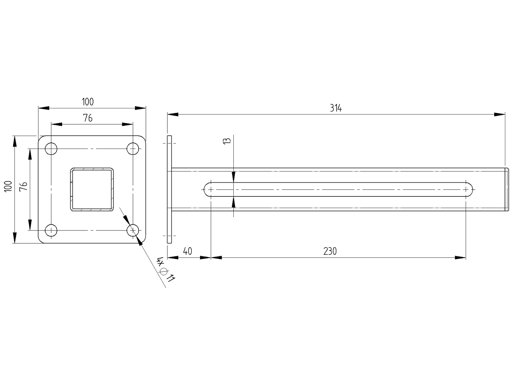 Vedenie horné JP - Inox, L310mm, 100x100mm