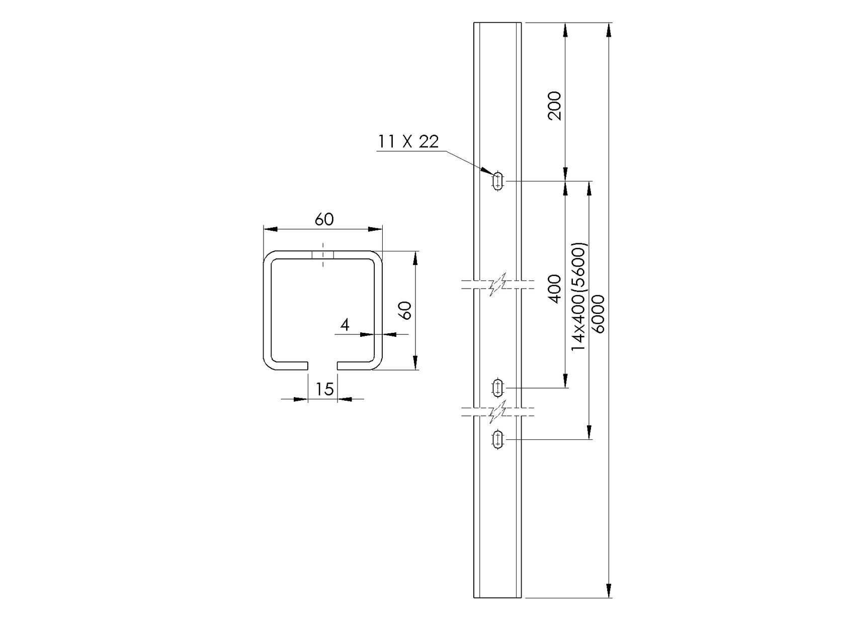 Profil vodiaci s otvormi Zn, 60x60x4mm, L3m
