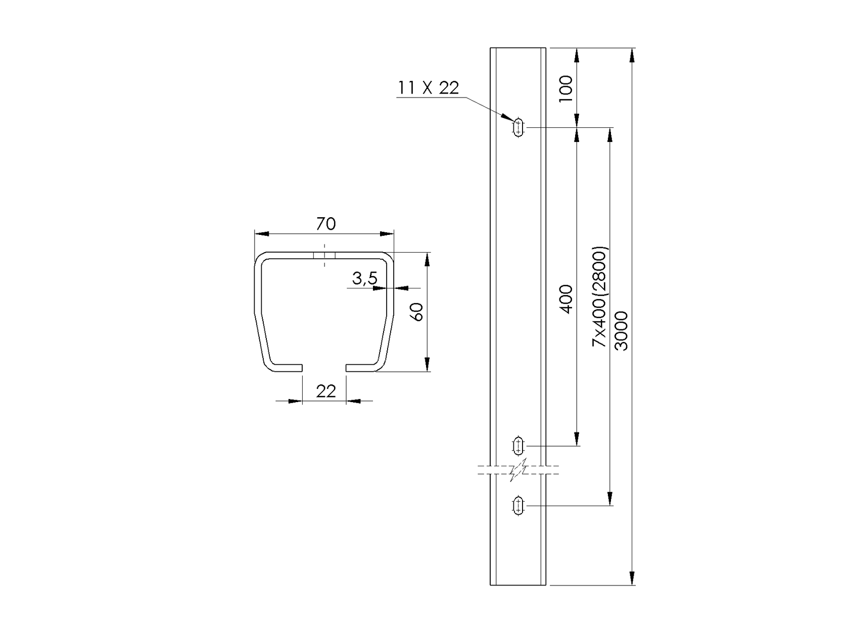Profil vodiaci s otvormi Zn, 70x60x3,5mm, L3m