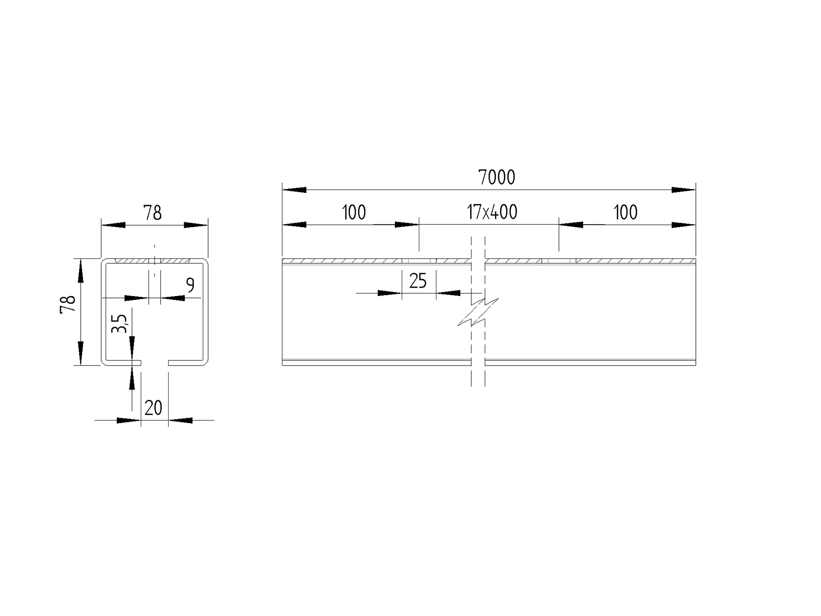 Profil vodiaci s otvormi Zn, 78x78x3,5mm, L7m