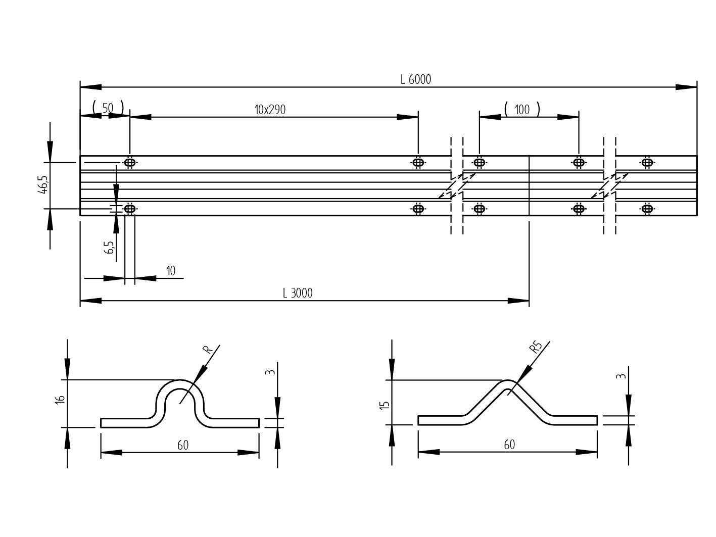 Koľajnička vodiaca spodná-U, Zn, 60x16mm, t3mm, L6