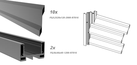 Hliníkové plotové pole so šikmou dvojdutinovou lamelou 20x120, 1,2x2m